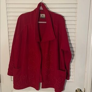 Carriag Donn Ireland Deep Red Scrolled Embroidered Design Open Generous Cardigan